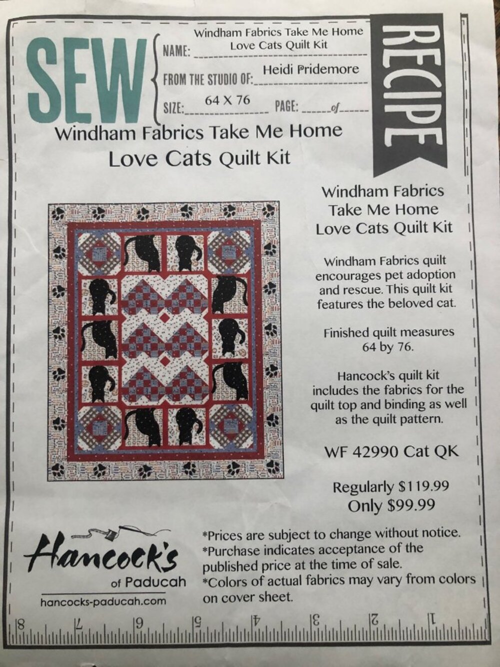 Love Cats Quilt Kit by Handcock's of Paducah 64 x 76